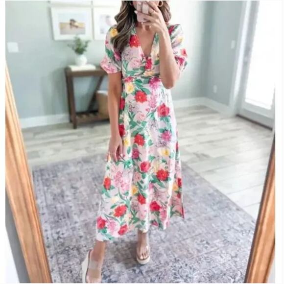 OLD NAVY Linen Blend Twist Front Floral Maxi Dress Pink Sz M {AA44} - Picture 1 of 11